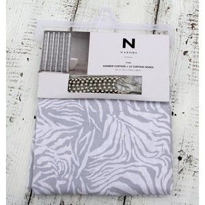 Natori Classic White and Grey Fabric Shower Curtain + 12 Curtain Hooks